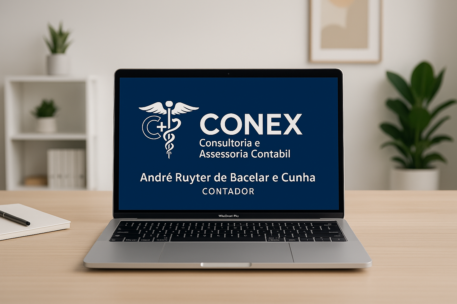 Escritório moderno da Conex+ Assessoria Contábil com o nome André Ruyter de Bacelar e Cunha na tela do laptop